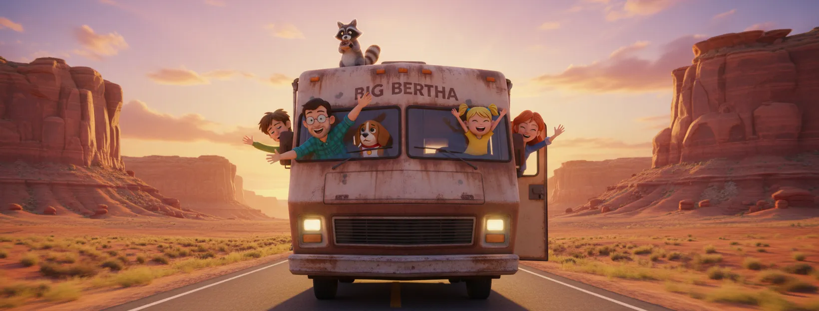 The Miller family waving from their old camper Big Bertha in the desert